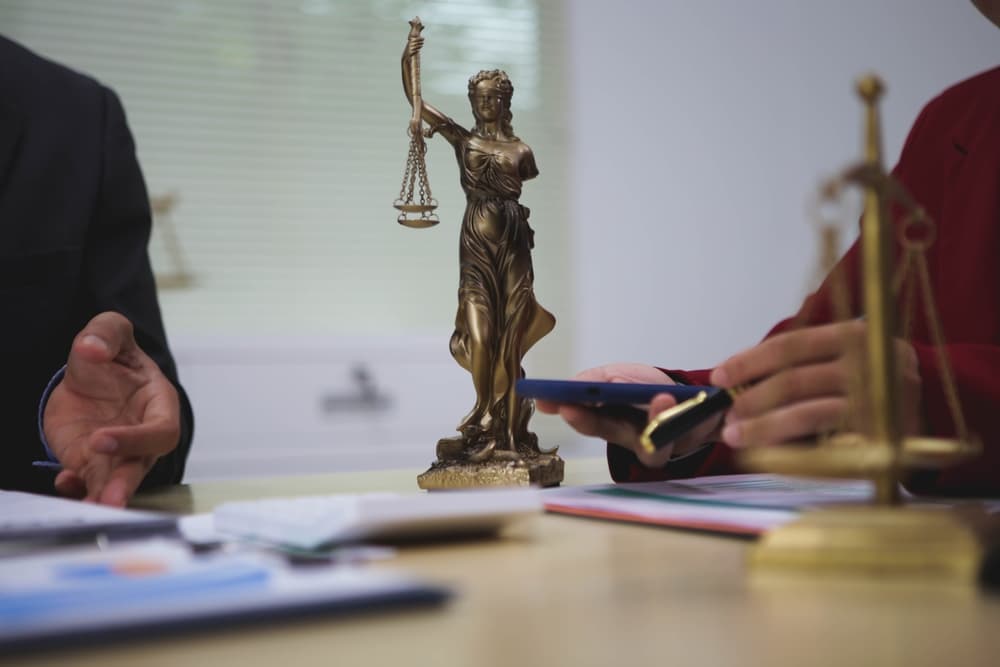 Lawyers discussing wrongful death case in office